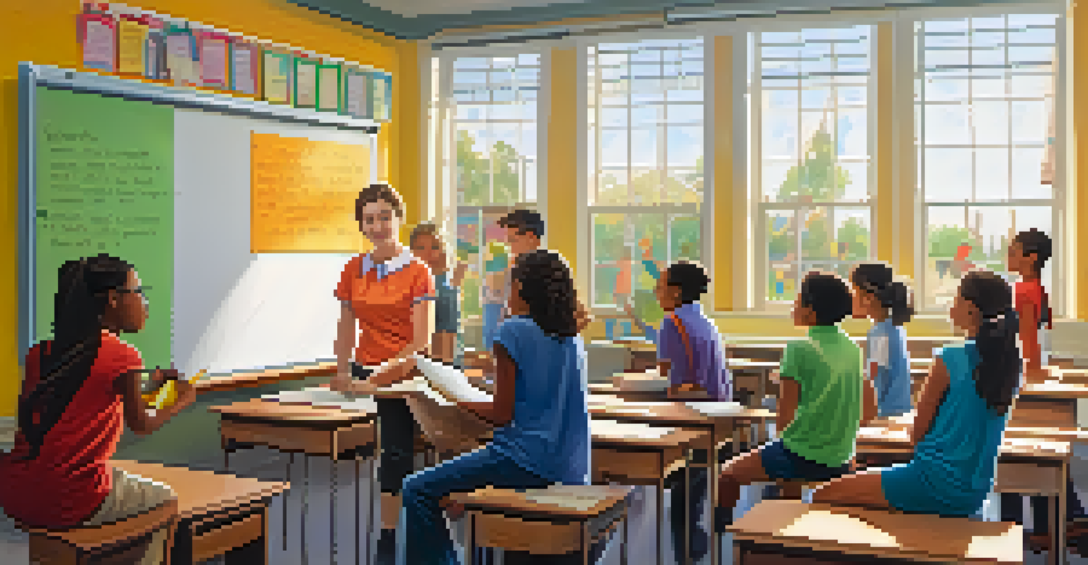 A teacher writing on a whiteboard while students actively participate in a bright classroom.