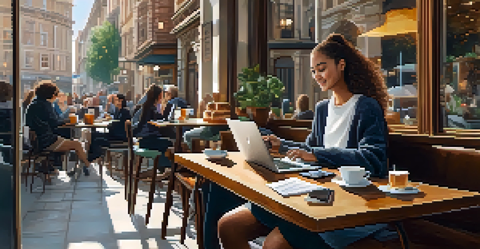 A person studying in a café with a laptop open, coffee cups, and pastries around, illustrating remote learning flexibility.