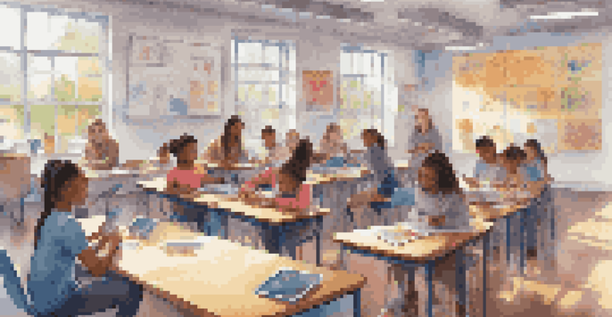 A diverse group of students in a bright classroom using tablets for AI-driven assessments, surrounded by colorful learning materials.