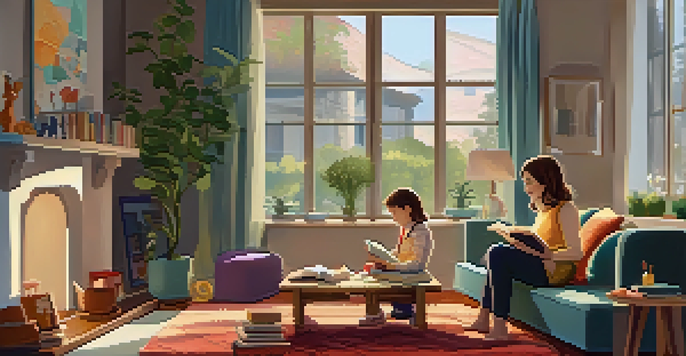 A parent reading a storybook to a child in a cozy living room filled with colorful cushions and books.