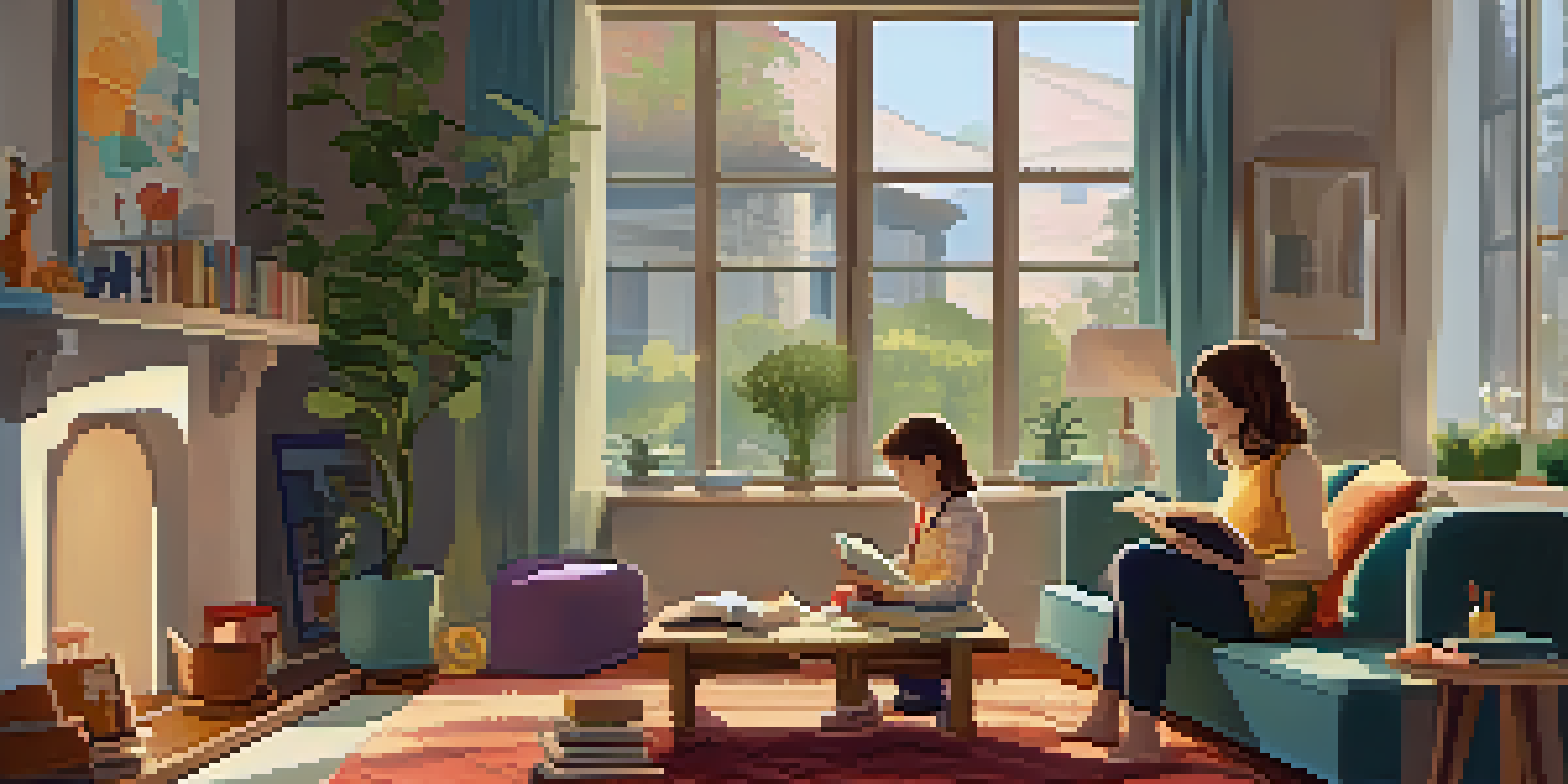 A parent reading a storybook to a child in a cozy living room filled with colorful cushions and books.