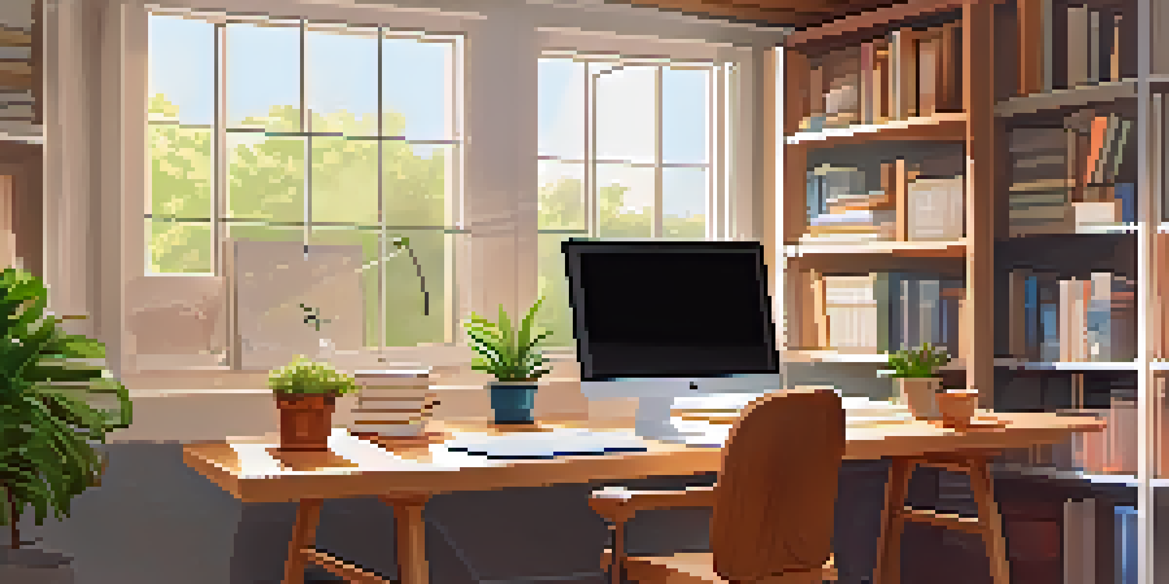 A bright study room with a wooden desk, laptop, and bookshelves, designed for mobile learning.