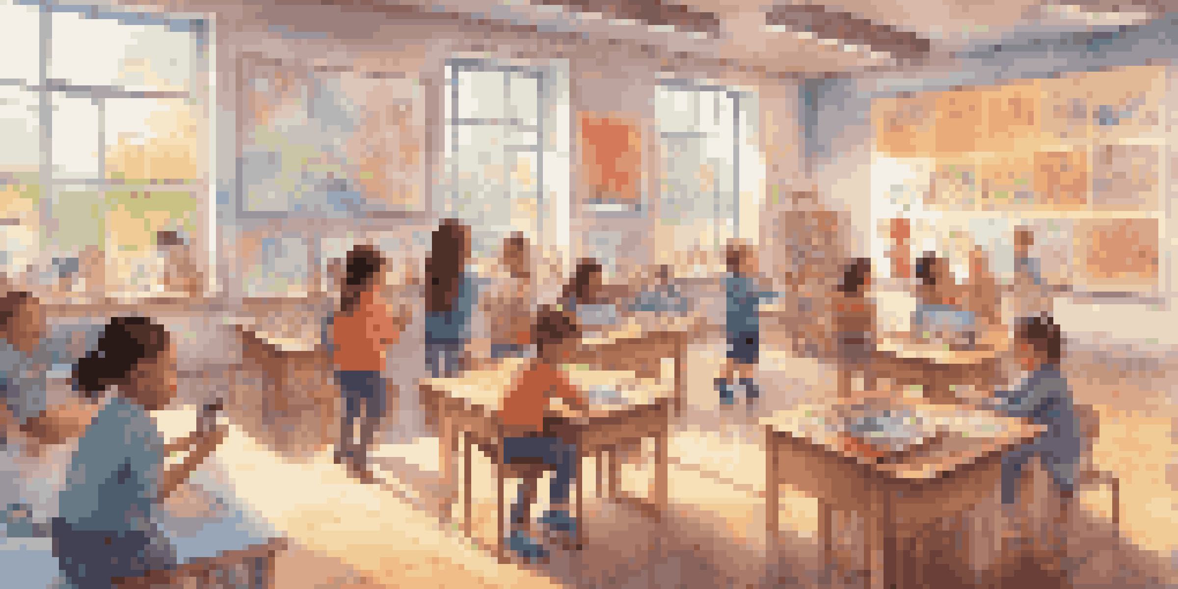 A classroom filled with children using augmented reality devices to learn about emotions, with colorful posters and warm lighting.