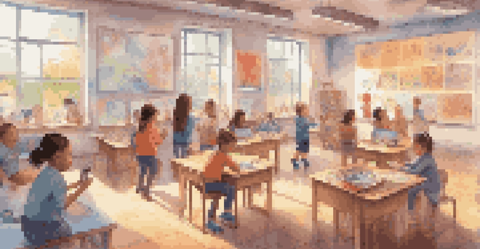 A classroom filled with children using augmented reality devices to learn about emotions, with colorful posters and warm lighting.