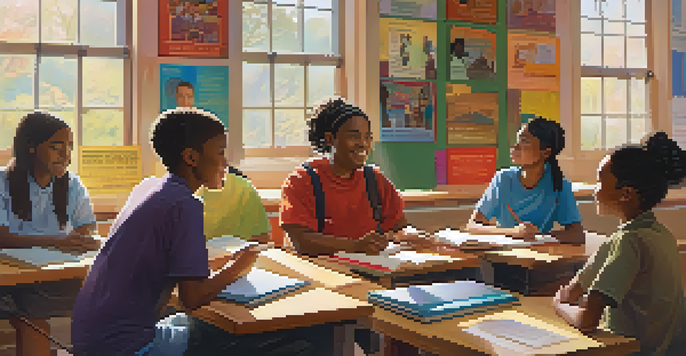A diverse group of students in a bright classroom discussing a book, surrounded by cultural posters and warm sunlight.