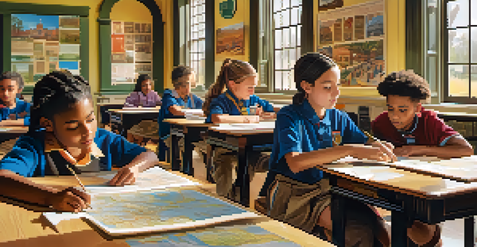 A classroom filled with diverse students working on a local history project, with maps and artifacts visible on their tables and colorful posters on the walls.