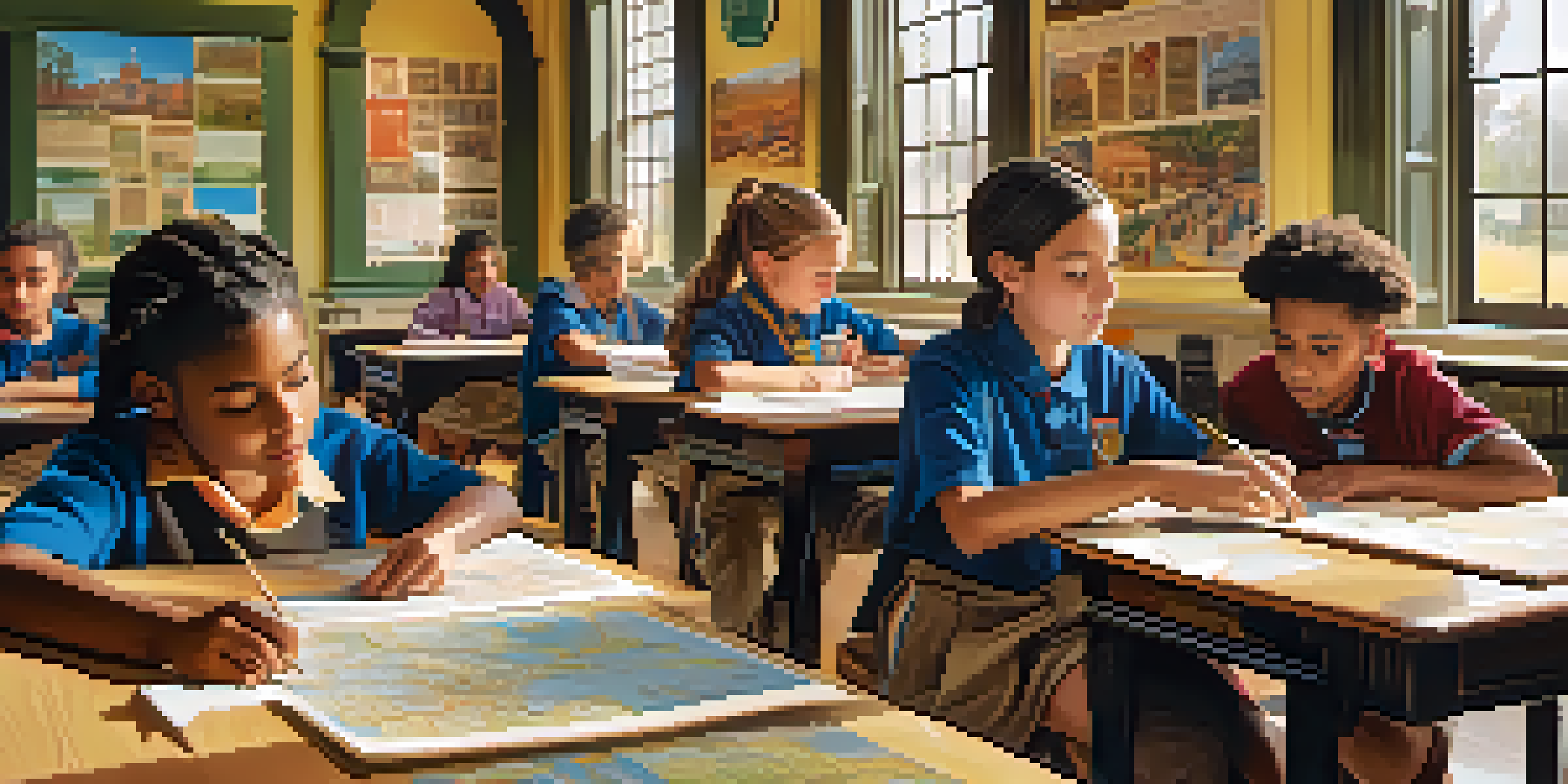 A classroom filled with diverse students working on a local history project, with maps and artifacts visible on their tables and colorful posters on the walls.