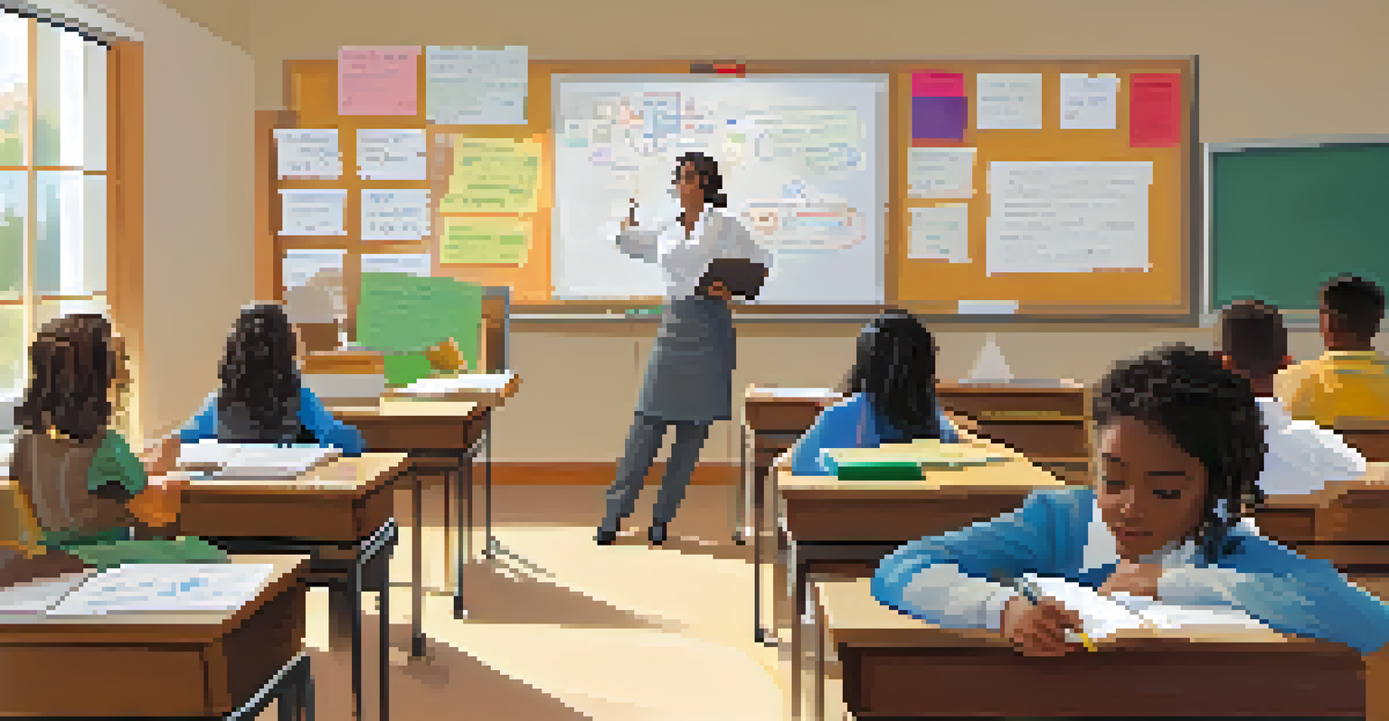 A teacher explaining a concept on a whiteboard in a well-organized classroom, with students listening attentively and taking notes.