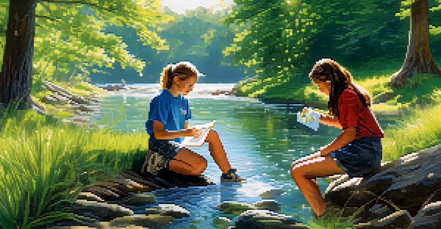 Students testing water quality in a natural setting, surrounded by greenery and sunlight, showcasing hands-on science education.