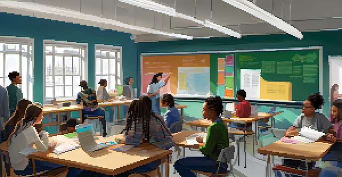 A diverse group of students working together in a bright, modern classroom, collaborating on a project with laptops and educational materials on the table.