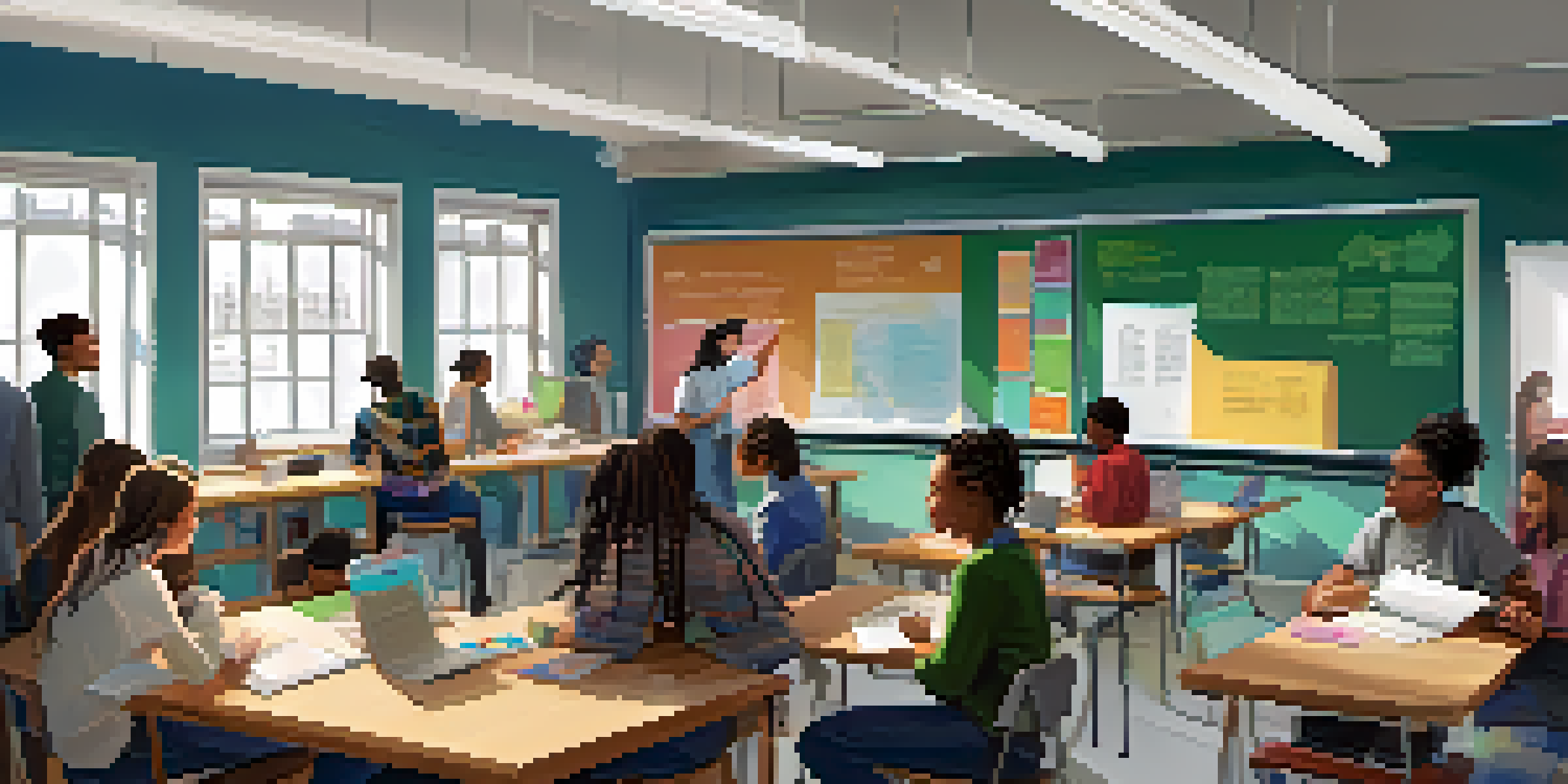 A diverse group of students working together in a bright, modern classroom, collaborating on a project with laptops and educational materials on the table.