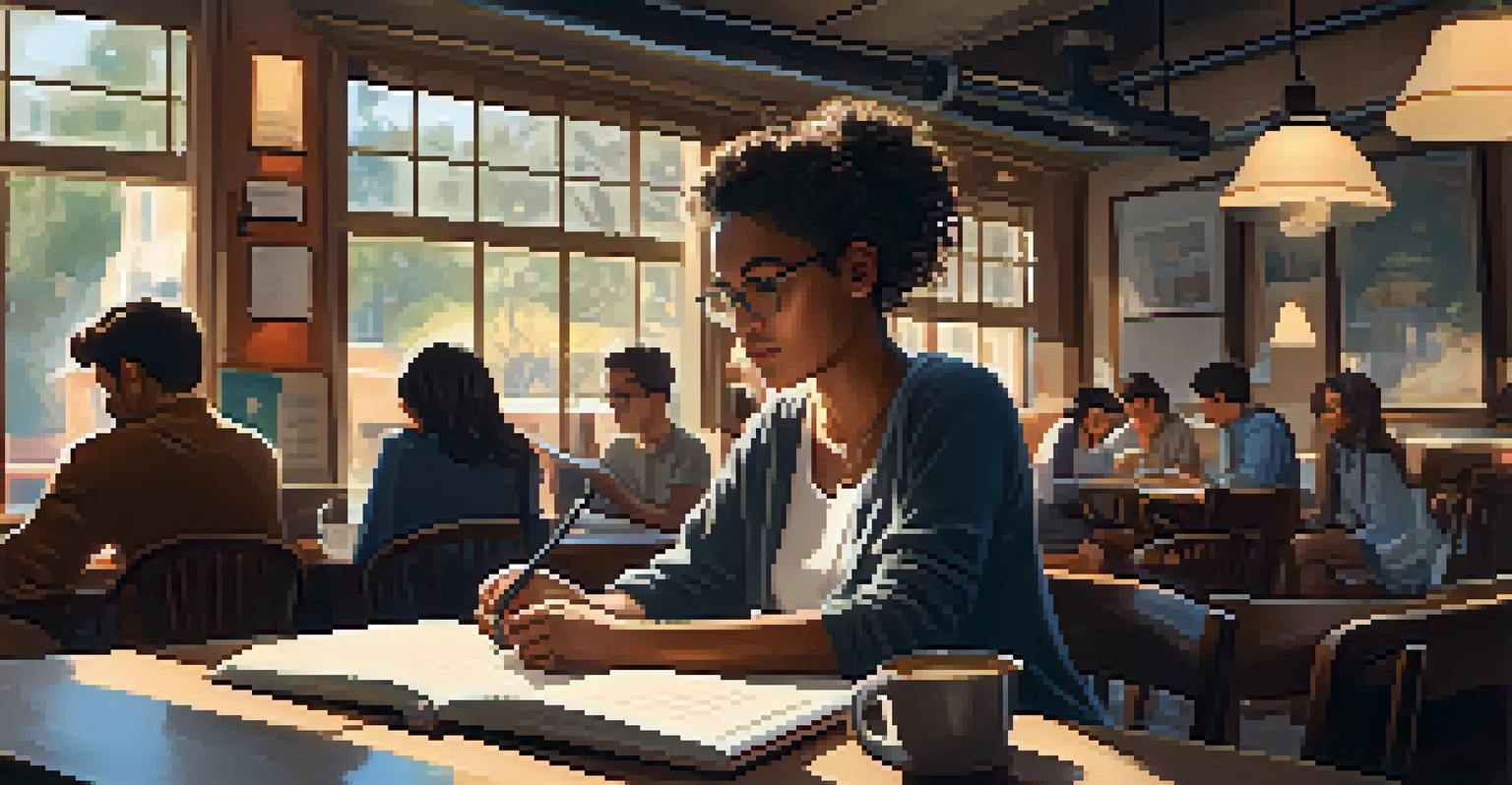A student sitting in a cozy coffee shop, focused on their laptop, surrounded by books and a warm cup of coffee, creating a comfortable and inviting learning environment.