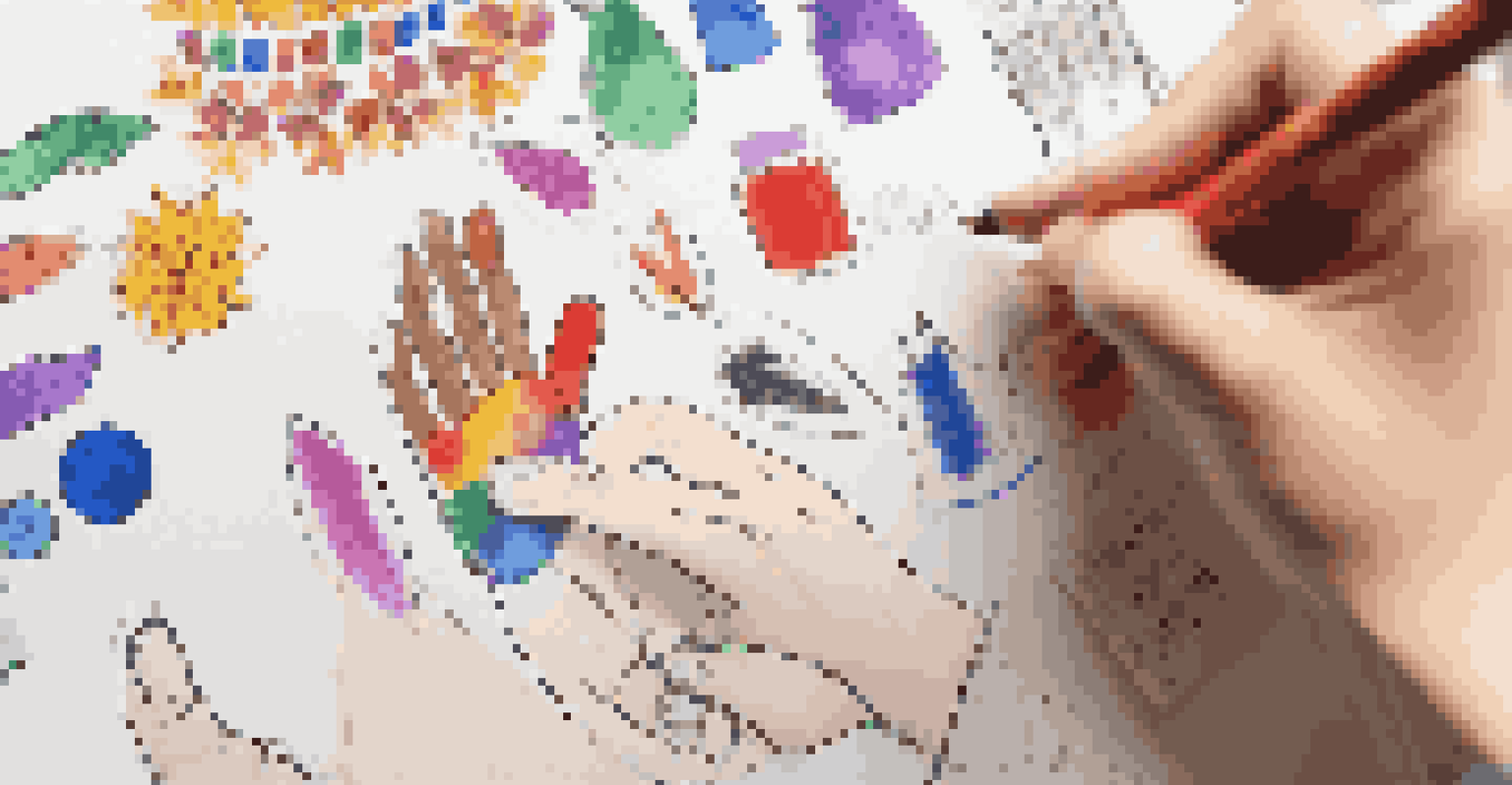 A teacher writing on a whiteboard with multicultural student artwork in the background, showcasing a lesson on diversity.