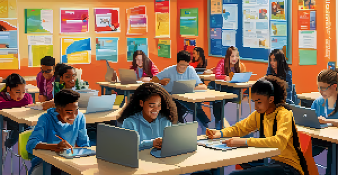 A lively classroom filled with students of different backgrounds using digital devices for learning, showcasing collaboration and engagement.