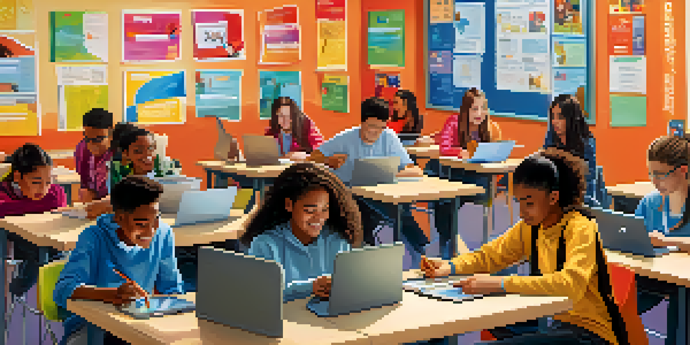 A lively classroom filled with students of different backgrounds using digital devices for learning, showcasing collaboration and engagement.