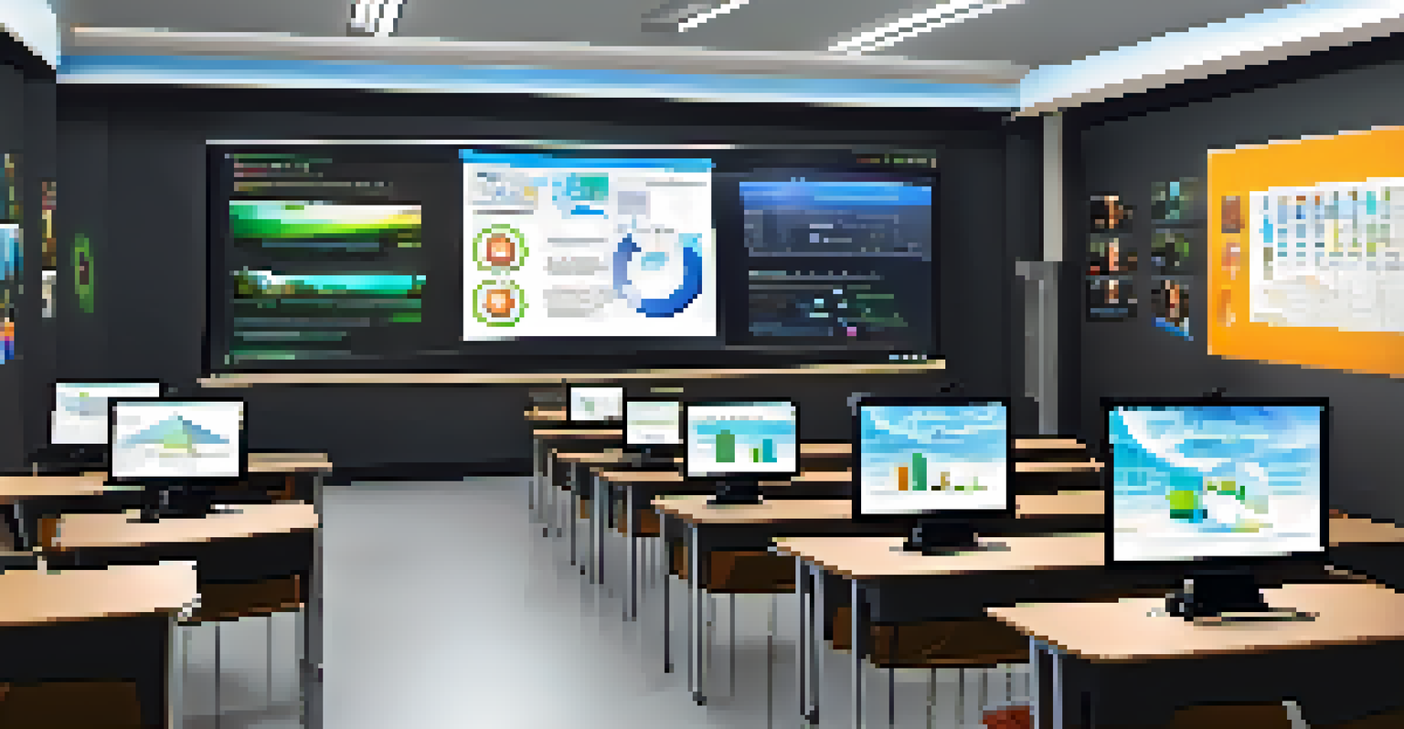 A futuristic classroom with students using technology for interactive learning, featuring holographic displays and modern furniture.