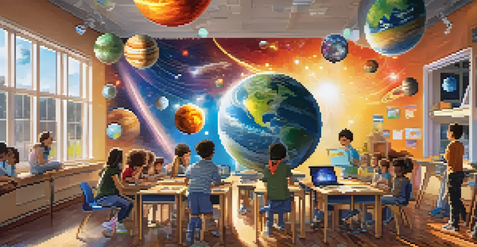 Students in a classroom using augmented reality to explore a 3D model of the solar system, with vibrant planets orbiting a sun.
