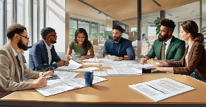 A diverse group of individuals collaborating on a crisis management plan at a table, with documents and laptops, in a well-lit room.