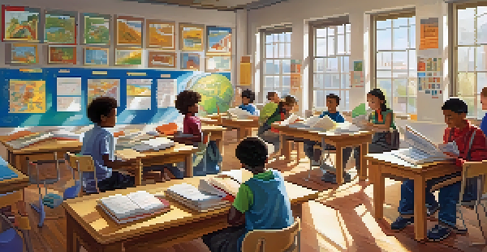 A diverse group of students in a bright classroom engaged in collaborative learning, discussing various topics with enthusiasm.