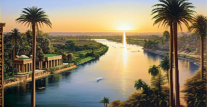 A scenic view of the Nile River at sunset, showcasing ancient Egyptian buildings and lush vegetation.
