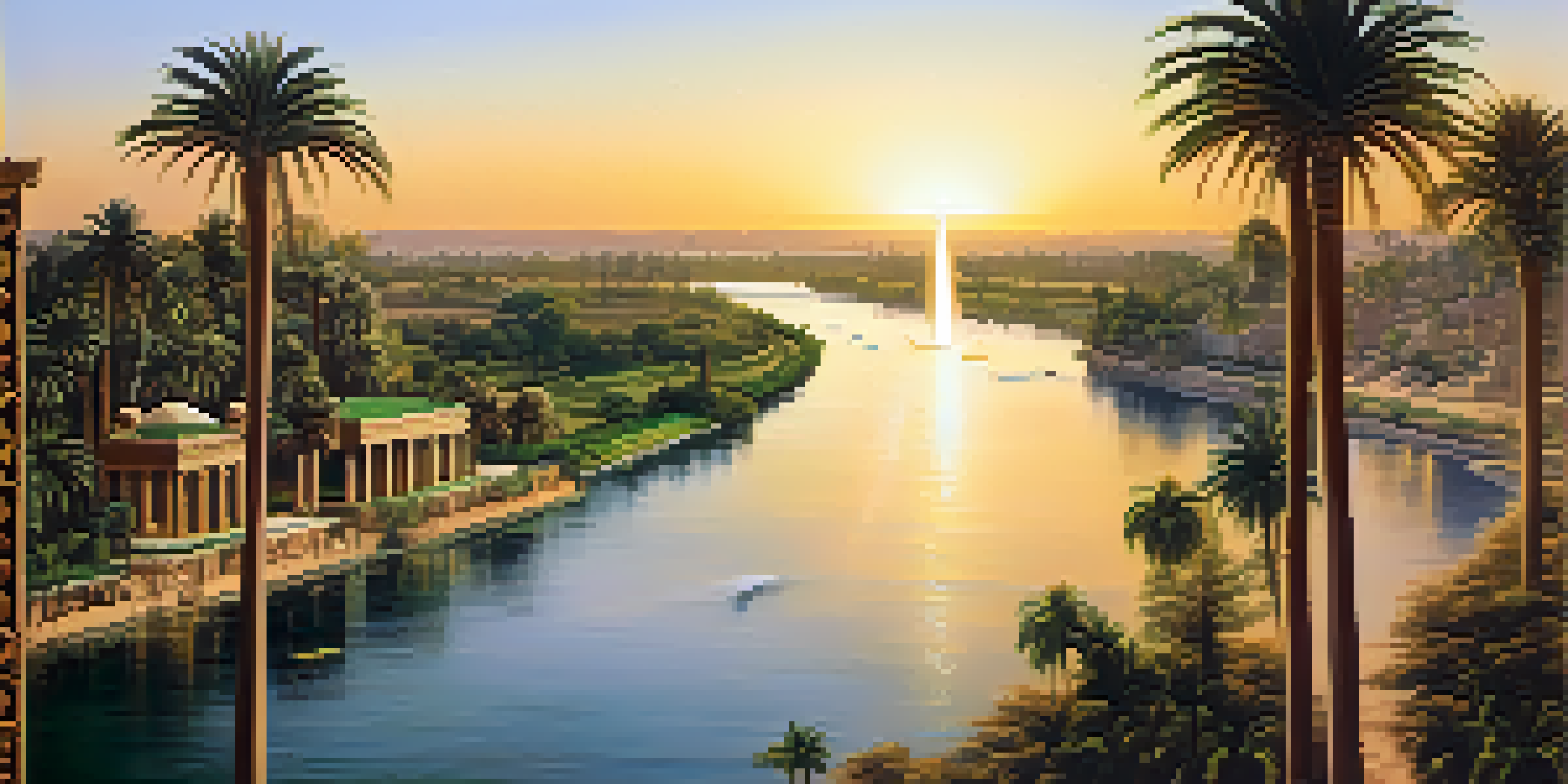 A scenic view of the Nile River at sunset, showcasing ancient Egyptian buildings and lush vegetation.