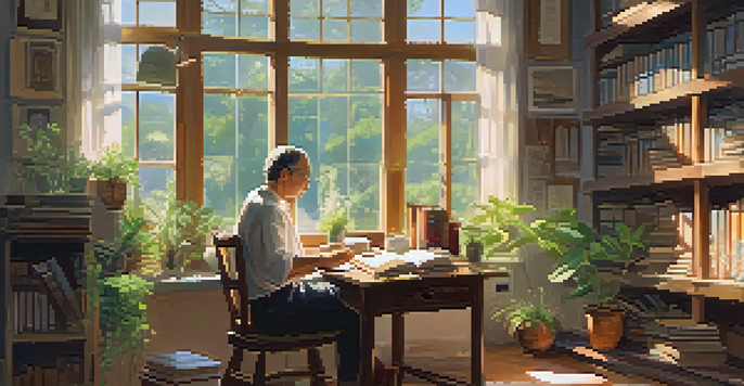 A middle-aged adult studying language at a wooden desk, with books and a steaming cup of coffee, illuminated by sunlight.