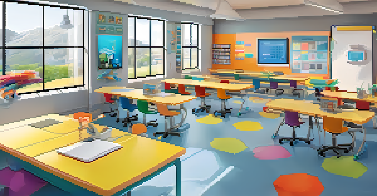 A futuristic classroom with AI robots assisting students, featuring colorful furniture and interactive screens.