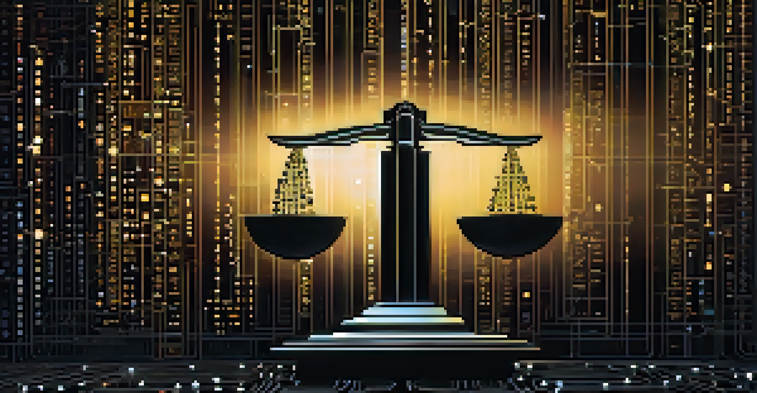 An abstract image of a glowing balance scale made of circuits, symbolizing digital ethics in AI against a dark binary code background.