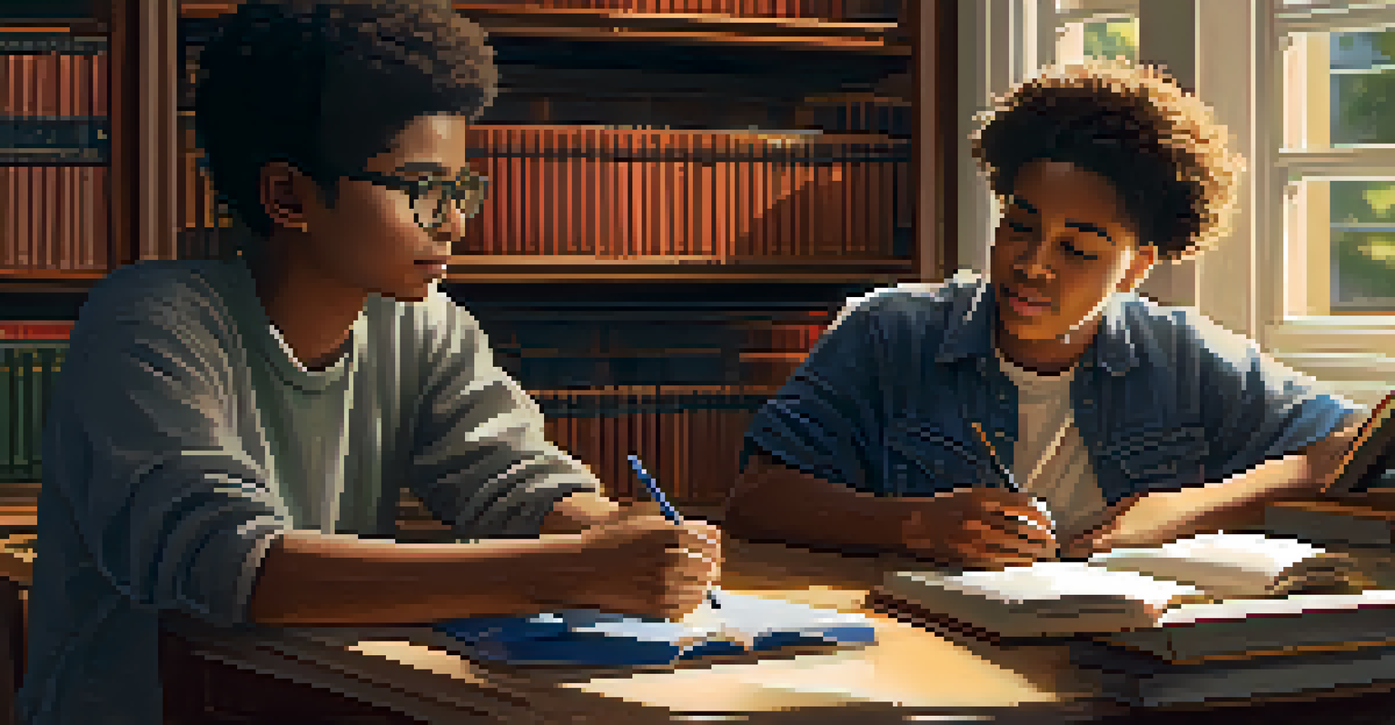 A library corner where two students are engaged in a peer mentorship session, surrounded by books and warm lighting.