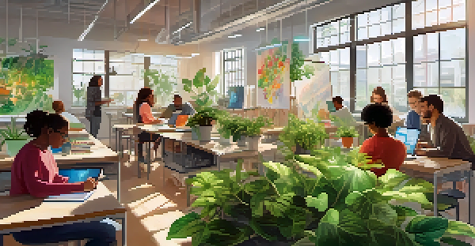 A diverse group of individuals working together in a bright classroom, with plants and technology around them, engaged in a creative project that blends science and art.