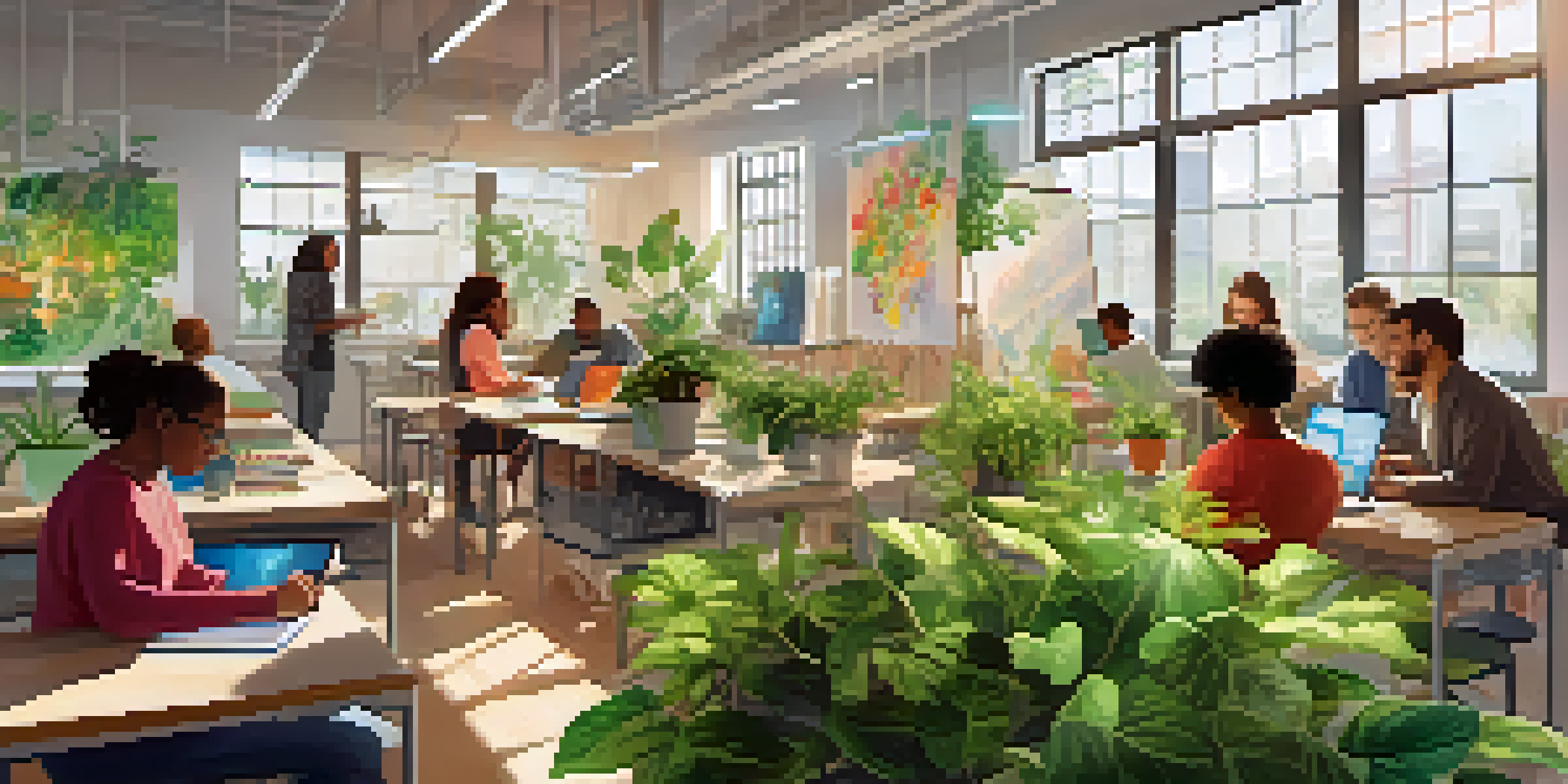 A diverse group of individuals working together in a bright classroom, with plants and technology around them, engaged in a creative project that blends science and art.