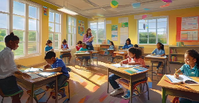 A bright classroom with students working on personalized learning tasks, a teacher assisting at a desk, and sunlight streaming through windows.