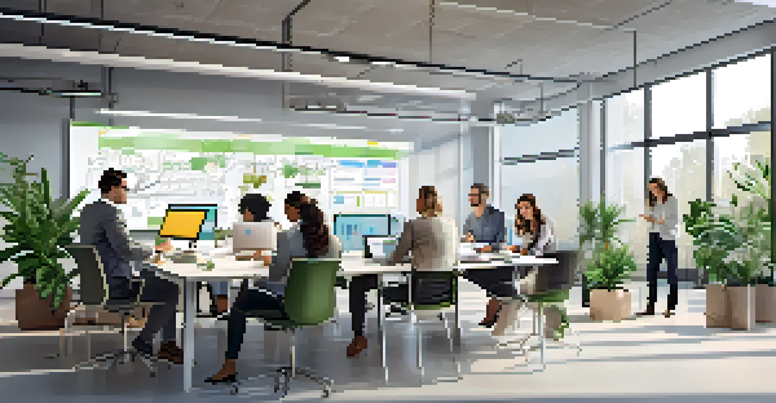 A team of professionals working together in a bright office, utilizing technology for collaboration.