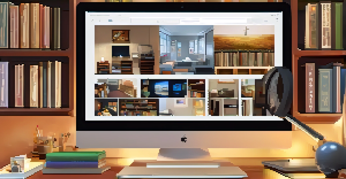 A laptop screen showing a digital portfolio with videos and written content, set in a cozy study room.