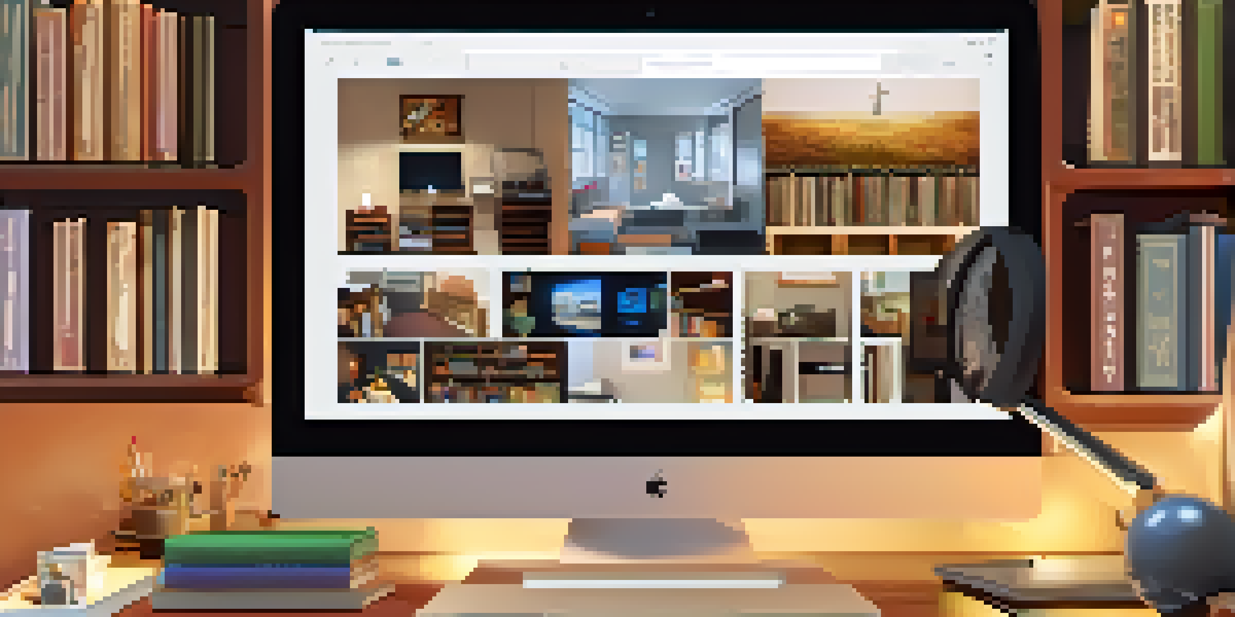 A laptop screen showing a digital portfolio with videos and written content, set in a cozy study room.