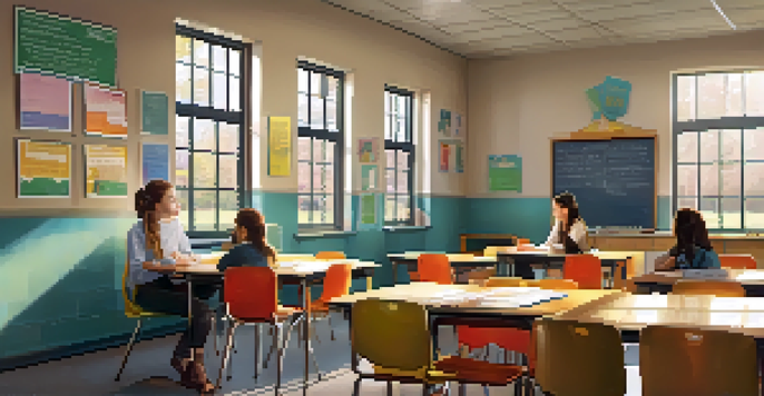 A teacher comforting an upset student in a bright classroom filled with educational posters and desks arranged in a semi-circle.