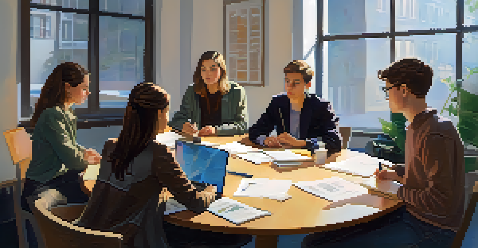 A circle of students engaged in a peer review session, discussing work with papers and laptops, in a cozy setting.