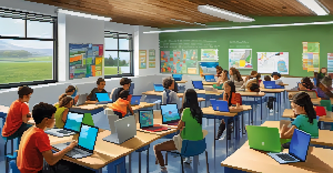 A classroom filled with students using technology for learning, with bright natural light and educational posters.