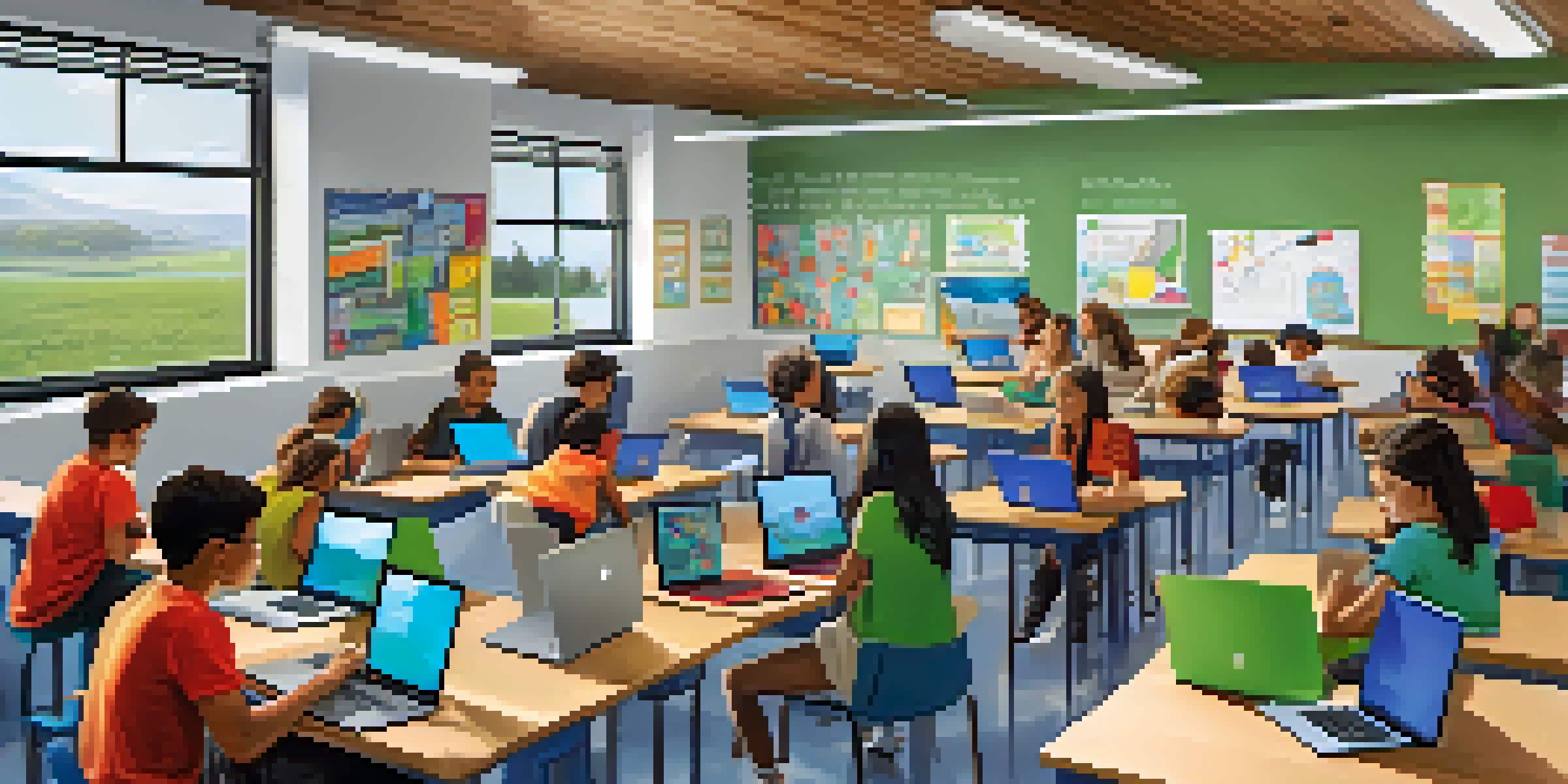 A classroom filled with students using technology for learning, with bright natural light and educational posters.
