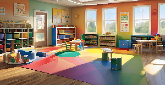 A bright and cheerful classroom with children of various ethnicities participating in language learning activities, surrounded by colorful educational materials and sunlight streaming through windows.