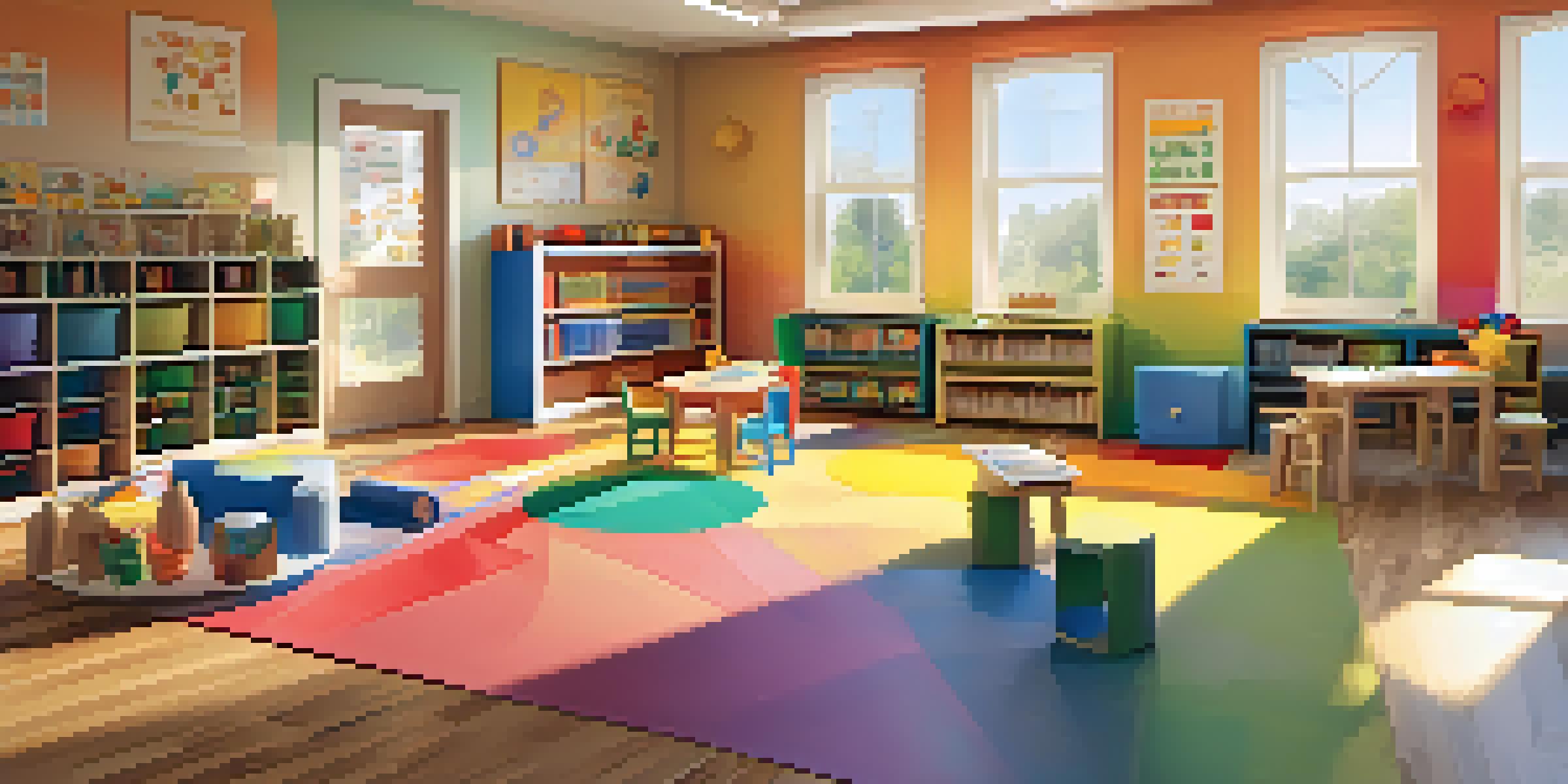 A bright and cheerful classroom with children of various ethnicities participating in language learning activities, surrounded by colorful educational materials and sunlight streaming through windows.