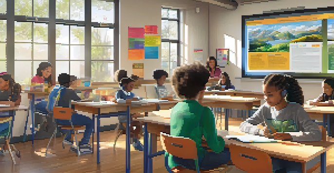 A vibrant classroom filled with diverse students using tablets and laptops, surrounded by educational posters and plants, illuminated by natural light.