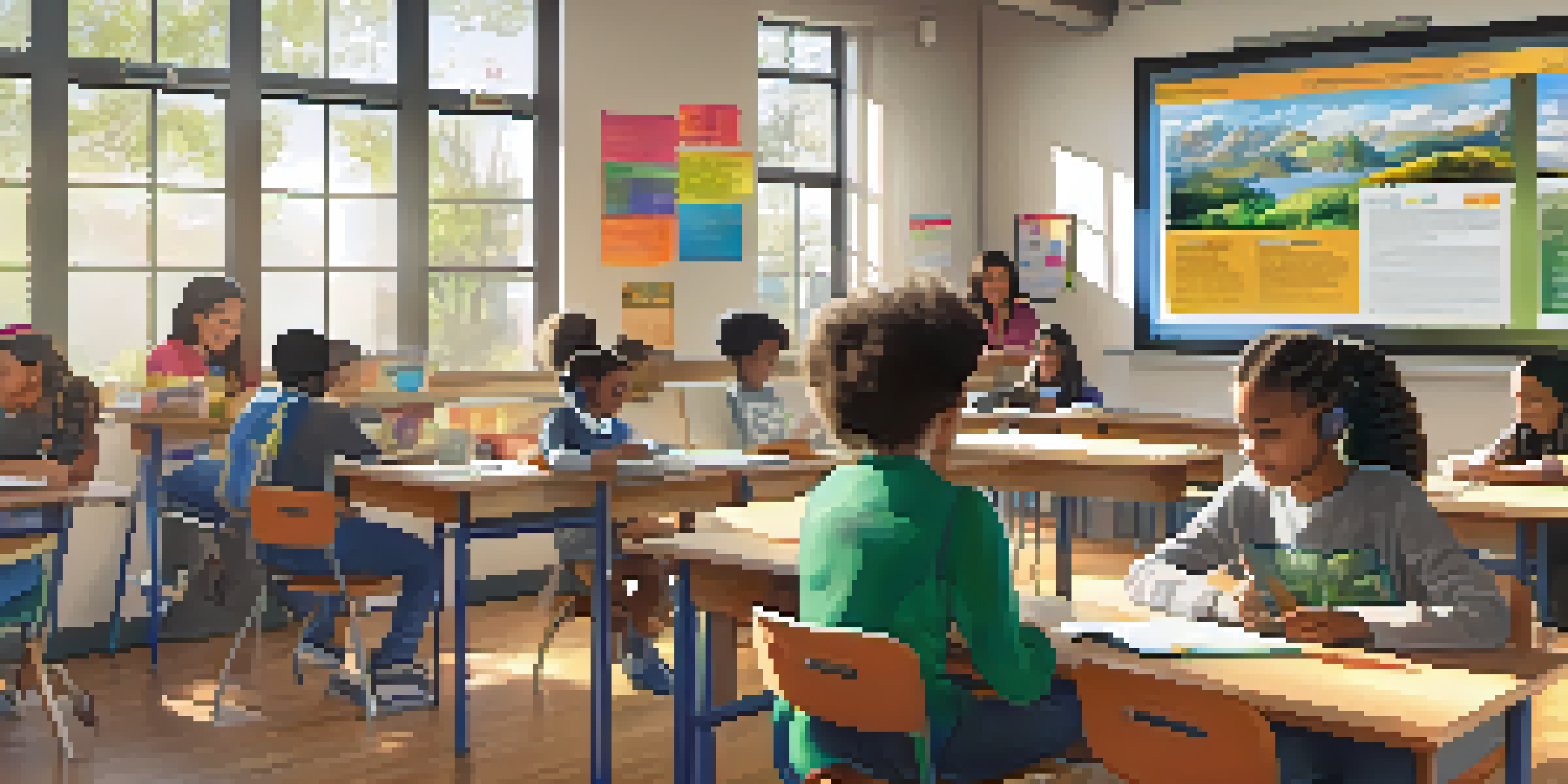 A vibrant classroom filled with diverse students using tablets and laptops, surrounded by educational posters and plants, illuminated by natural light.