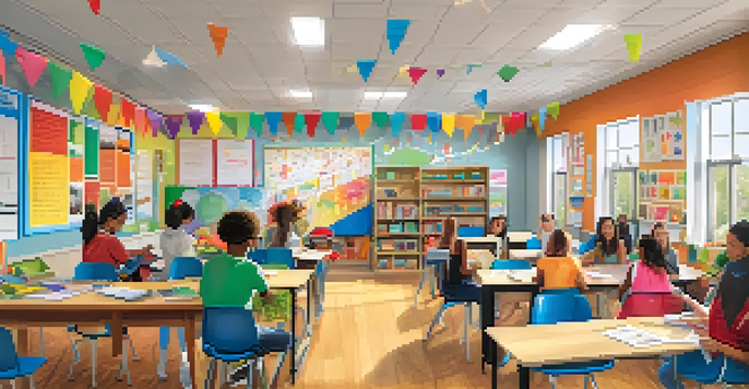 A colorful classroom with diverse students working together on projects, promoting collaboration and creativity.
