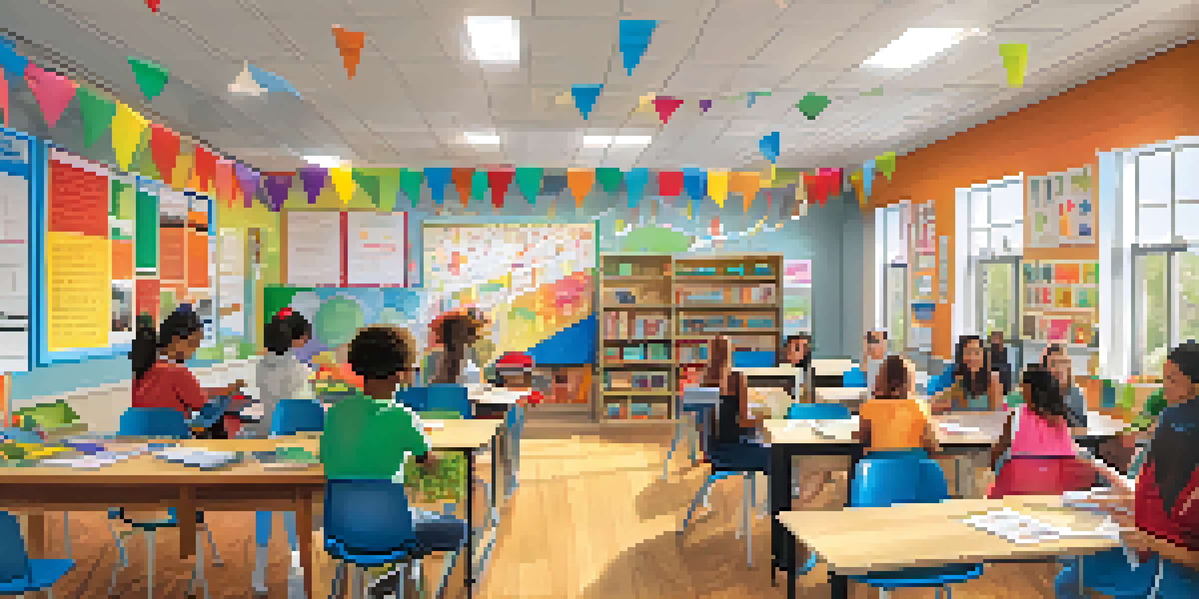 A colorful classroom with diverse students working together on projects, promoting collaboration and creativity.