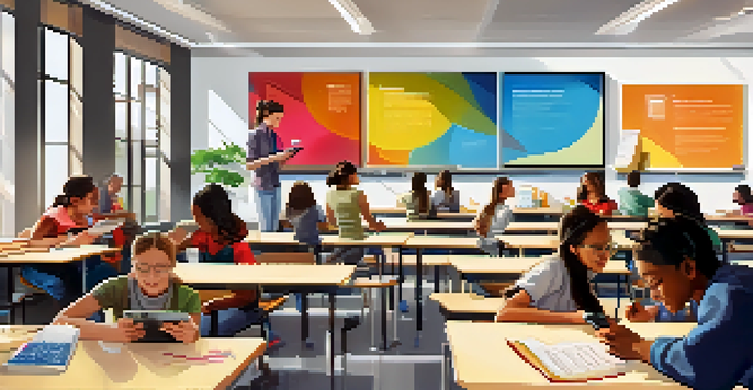 A vibrant classroom with students using mobile devices for learning, collaborating on projects, and engaging with educational content.