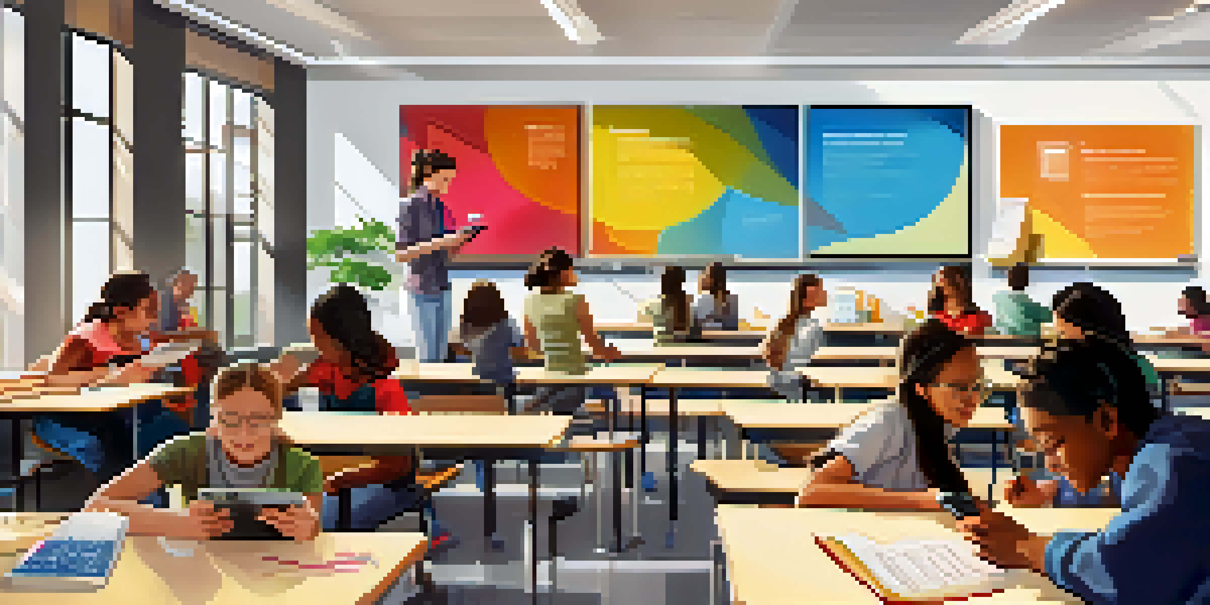 A vibrant classroom with students using mobile devices for learning, collaborating on projects, and engaging with educational content.
