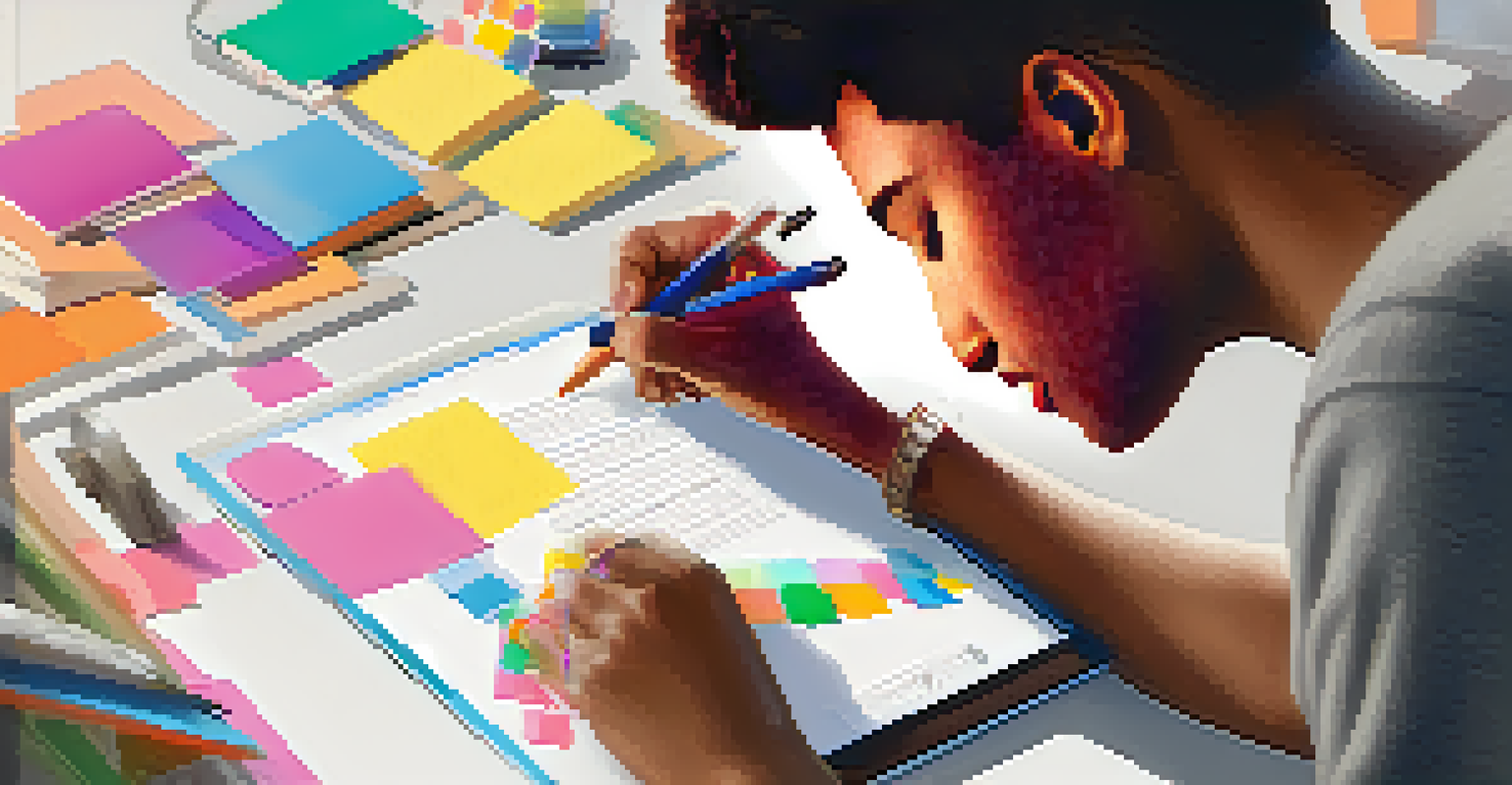 A diverse group of students working together on a project using notebooks and tablets, surrounded by colorful sticky notes.