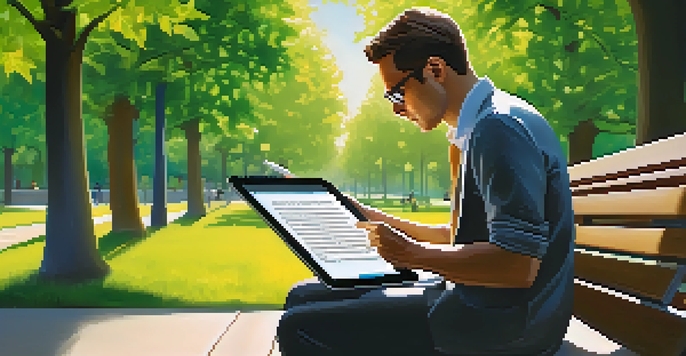 A professional leader sitting on a park bench, using a tablet for mobile learning amidst a green park with sunlight filtering through the trees.