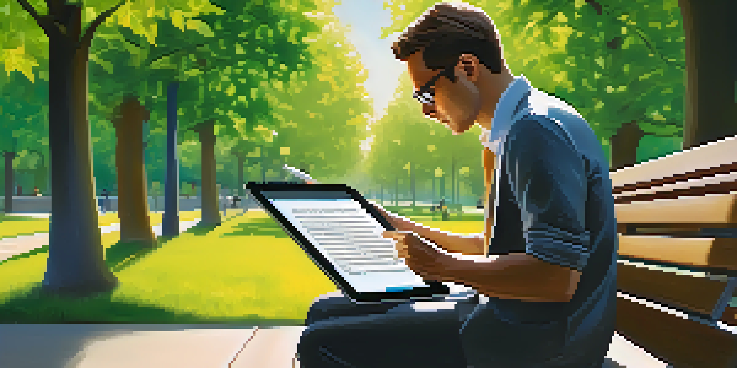 A professional leader sitting on a park bench, using a tablet for mobile learning amidst a green park with sunlight filtering through the trees.